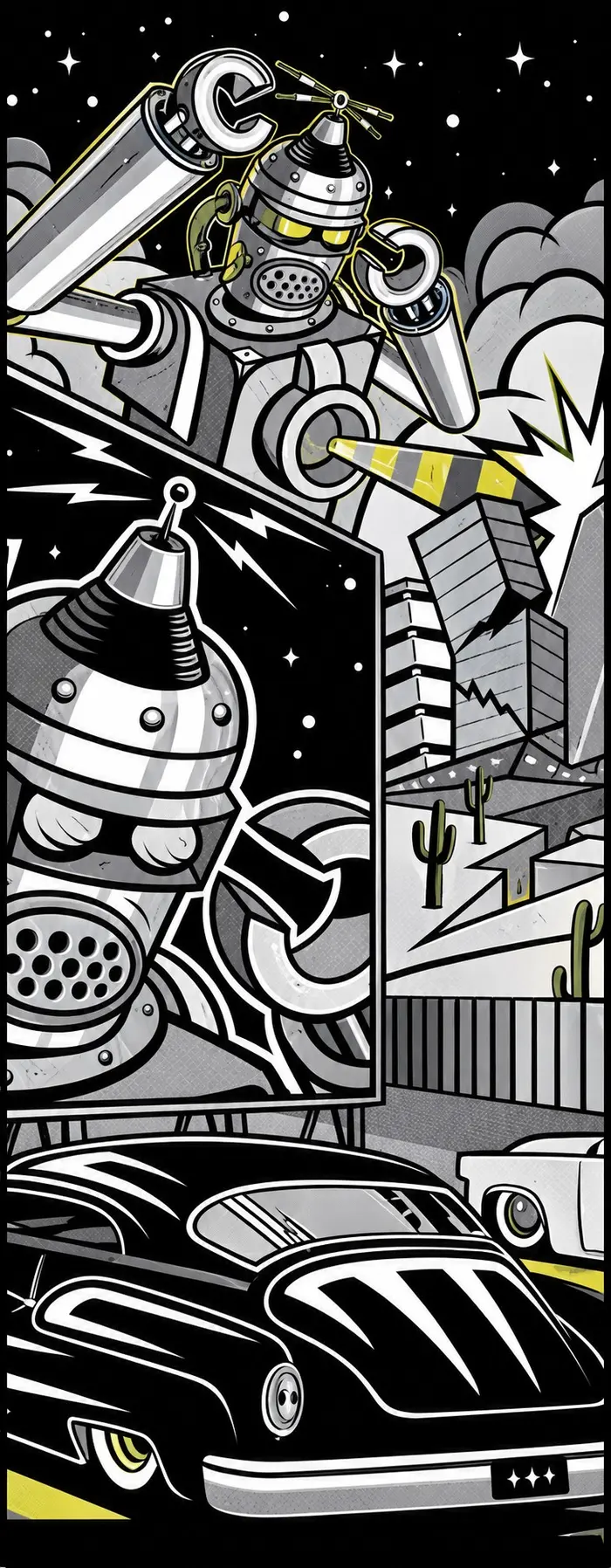 Mural de la columna de VIALETTO: robots, ciudad retro y un carro clásico